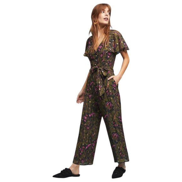 Ett Twa by Anthropologie Brenda Floral Gold Metallic Jumpsuit/Romper -Green Pink - Picture 1 of 10